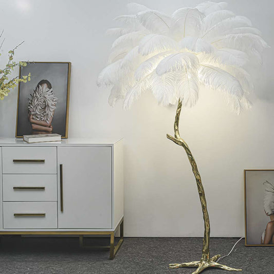 Lampe sur pied en plumes d'autruche cuivre laiton luxe 70", 4 couleurs