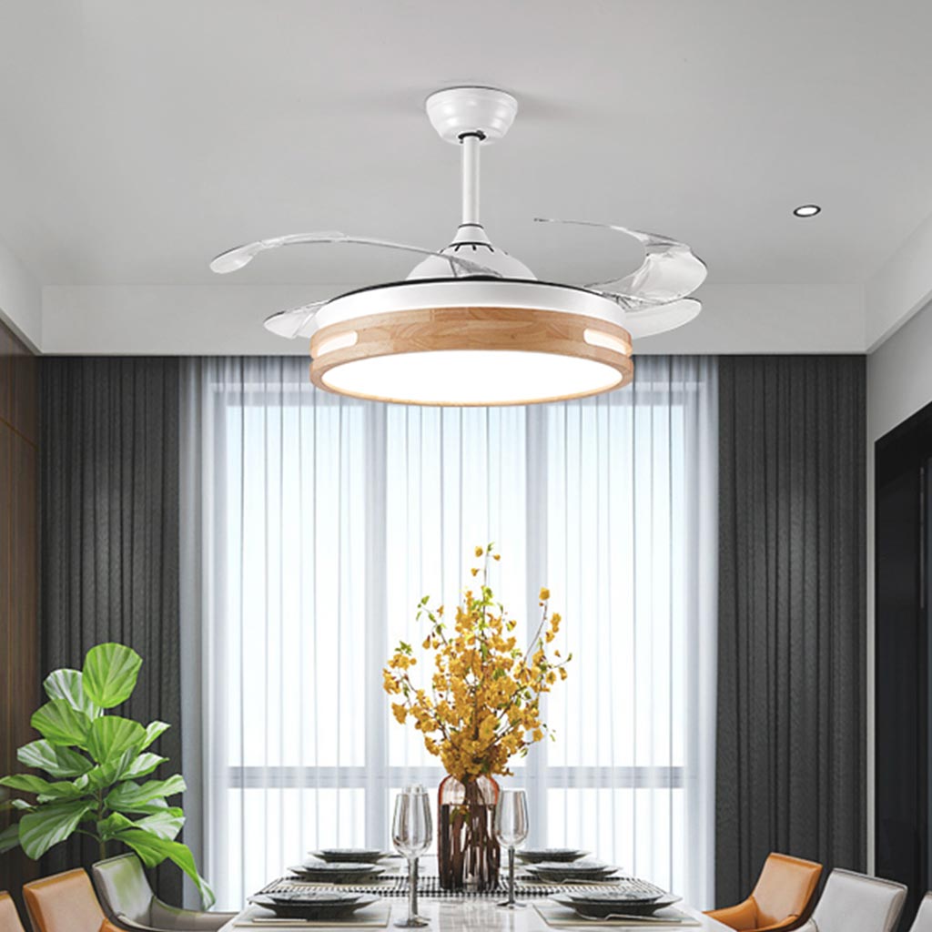 Ventilateur de plafond avec éclairage lustre moderne semi-encastré, bois naturel