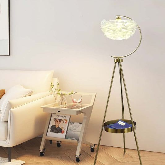 Lampe sur pied de style scandinave avec plateau et abat-jour en plumes