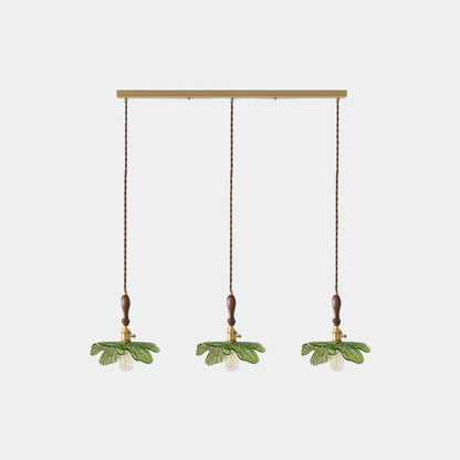 Suspension artistique rétro en laiton avec plateau en bois et en verre, vert