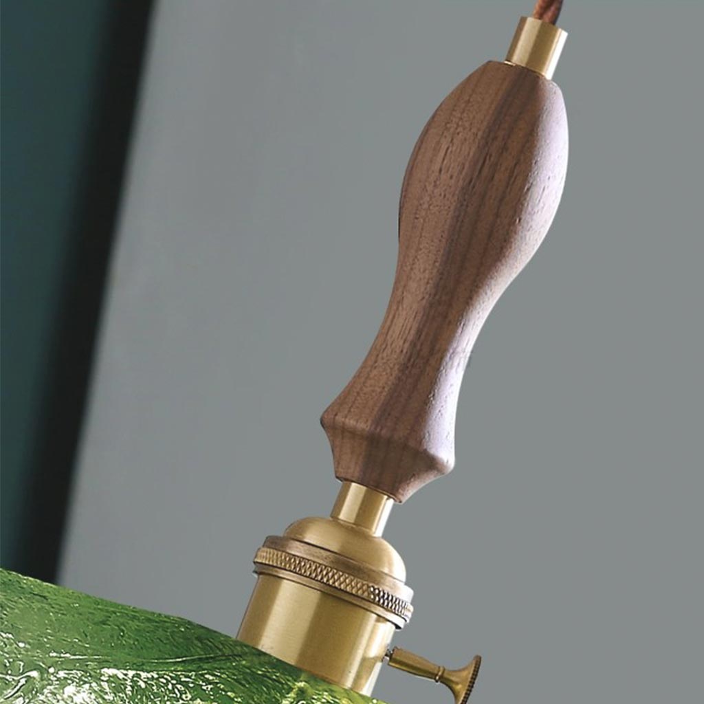 Suspension artistique rétro en laiton avec plateau en bois et en verre, vert