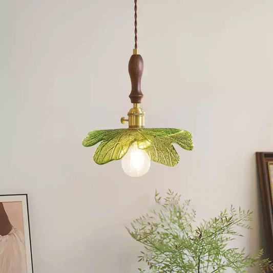 Suspension artistique rétro en laiton avec plateau en bois et en verre, vert