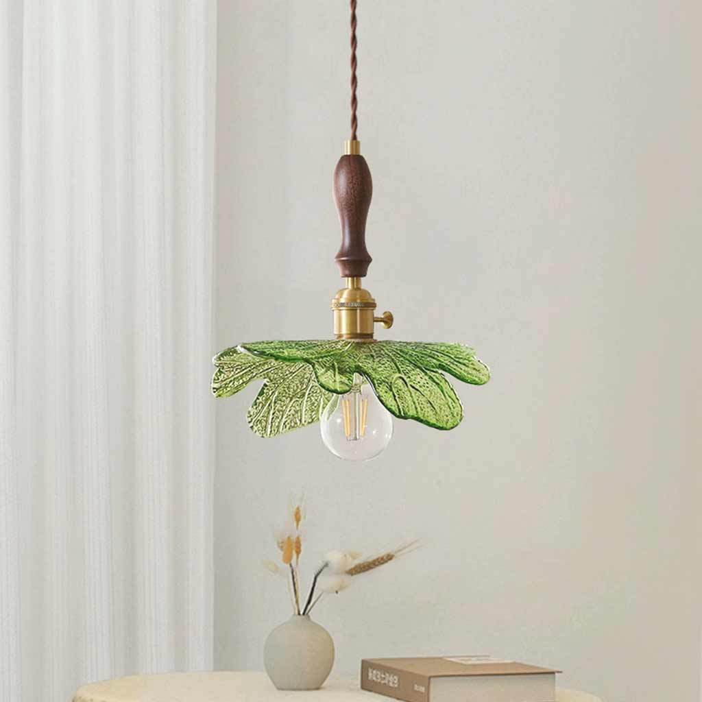 Suspension artistique rétro en laiton avec plateau en bois et en verre, vert