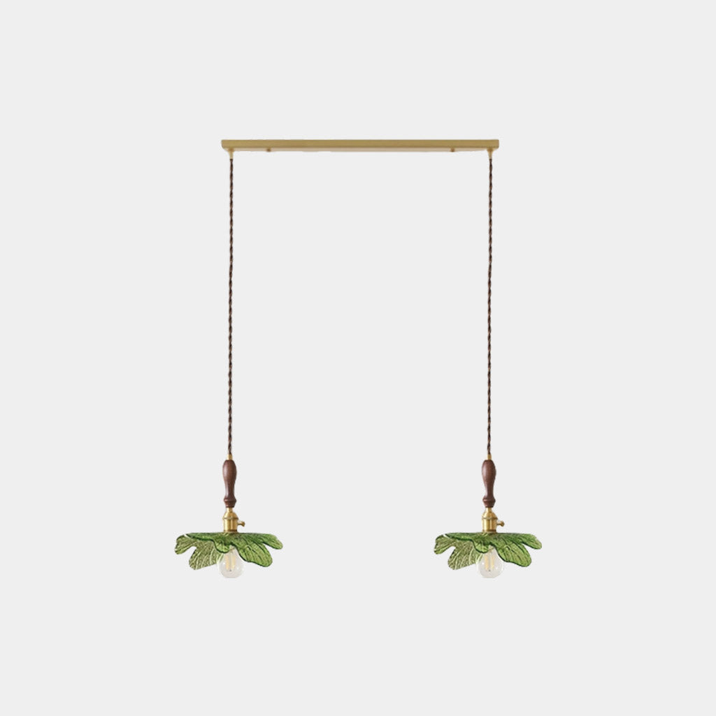 Suspension artistique rétro en laiton avec plateau en bois et en verre, vert