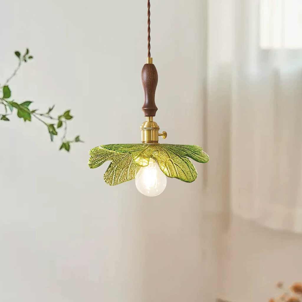 Suspension artistique rétro en laiton avec plateau en bois et en verre, vert