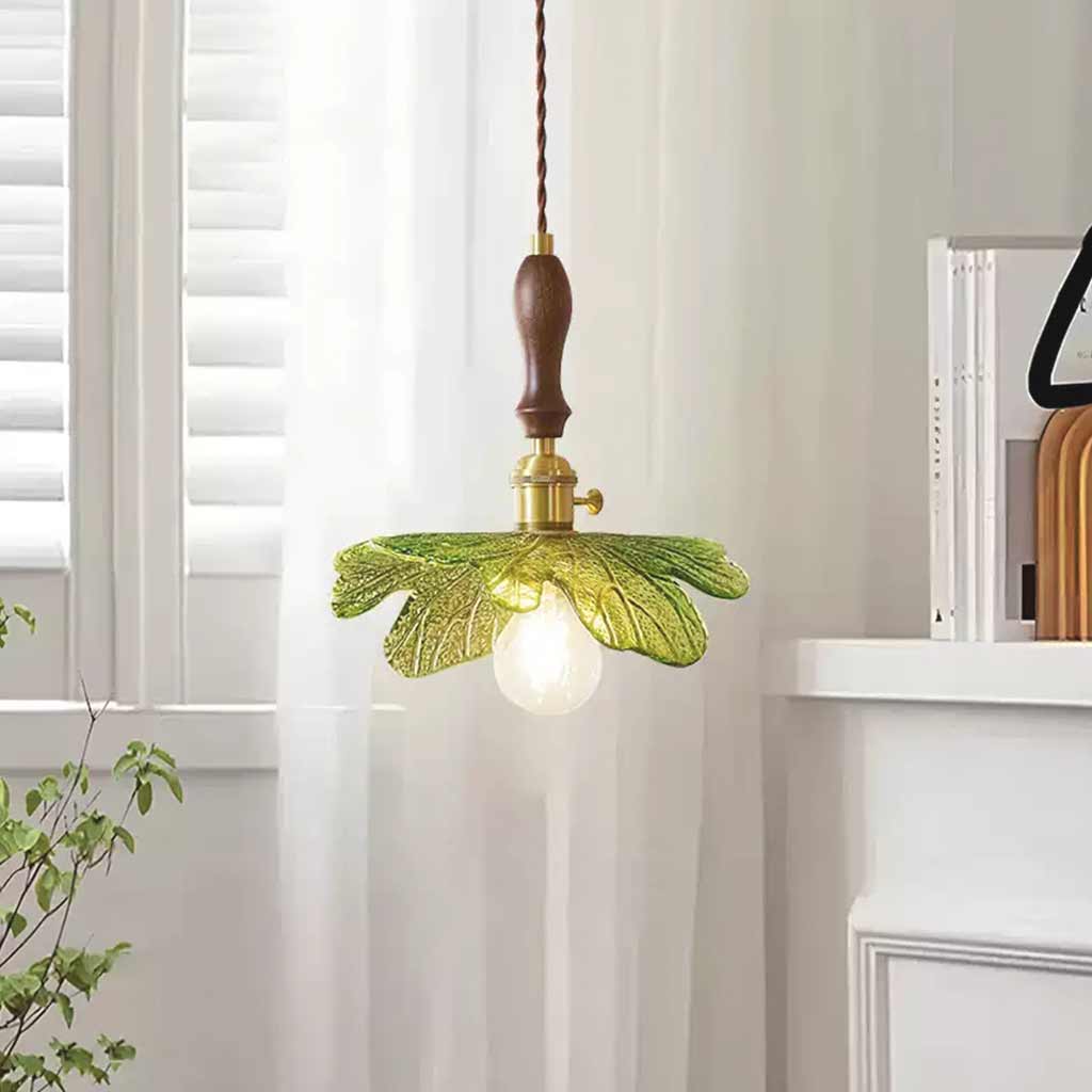 Suspension artistique rétro en laiton avec plateau en bois et en verre, vert