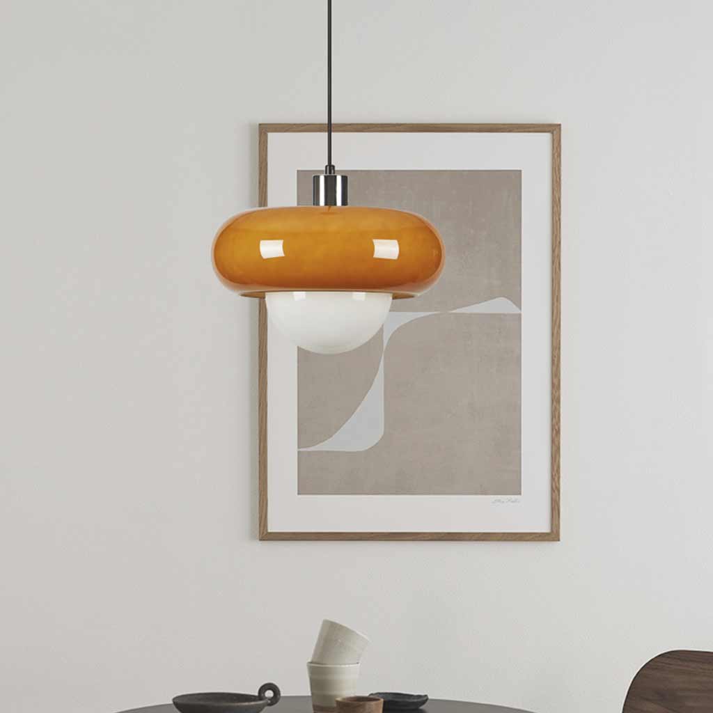 Suspension Bauhaus ronde en verre, orange et blanc