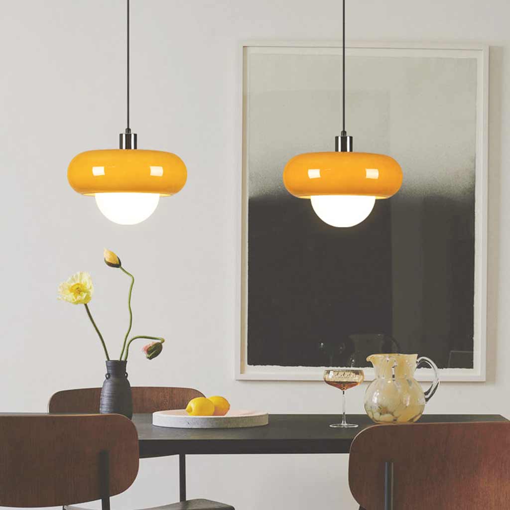 Suspension Bauhaus ronde en verre, orange et blanc
