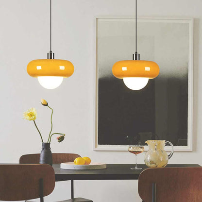 Suspension Bauhaus ronde en verre, orange et blanc