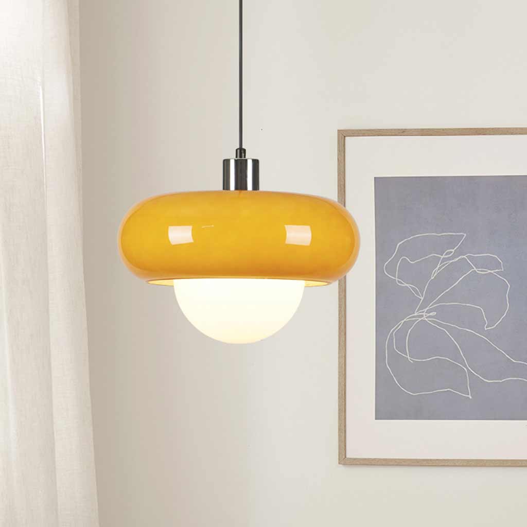 Suspension Bauhaus ronde en verre, orange et blanc