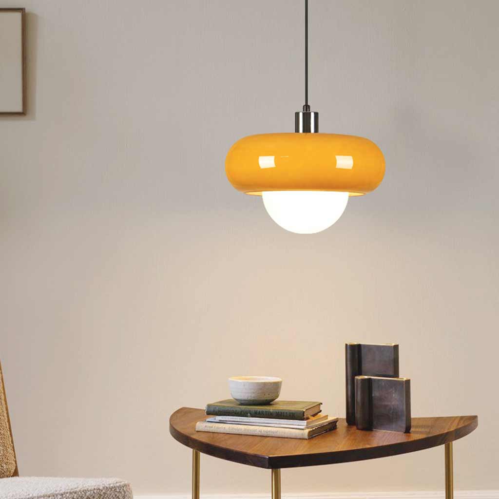 Suspension Bauhaus ronde en verre, orange et blanc