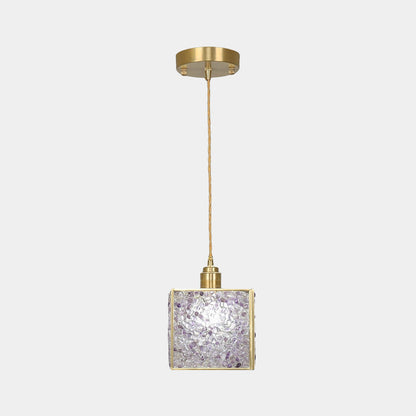 Suspension lumineuse colorée en laiton avec cristaux en forme de cube carré