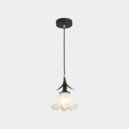 Suspension contemporaine en bronze avec verre blanc en forme de fleur