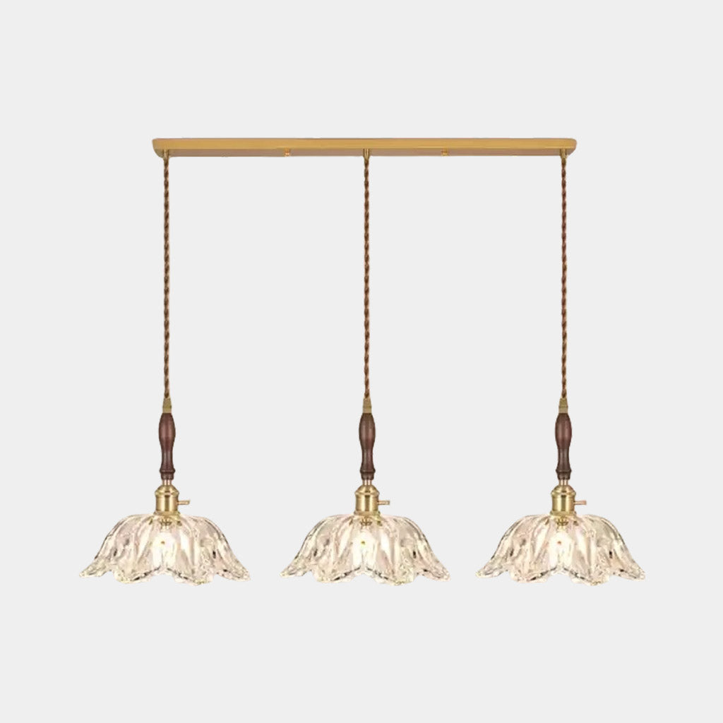 Suspension lumière bras fleur vintage en bois et verre français