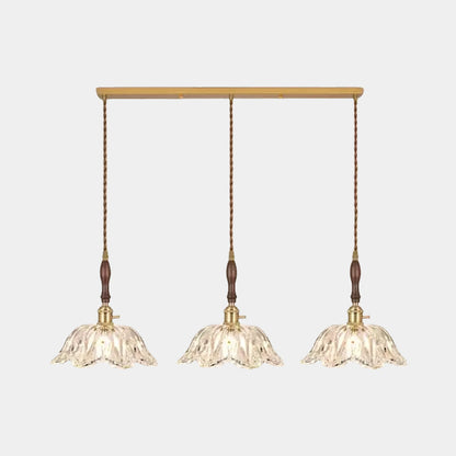 Suspension lumière bras fleur vintage en bois et verre français