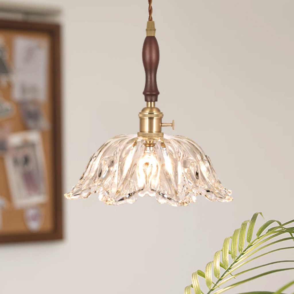 Suspension lumière bras fleur vintage en bois et verre français