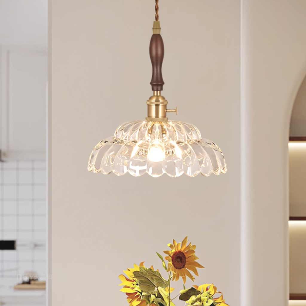 Suspension lumière bras fleur vintage en bois et verre français