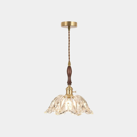 Suspension lumière bras fleur vintage en bois et verre français