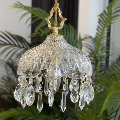 Suspension Française Rétro en Laiton et Verre Cristal