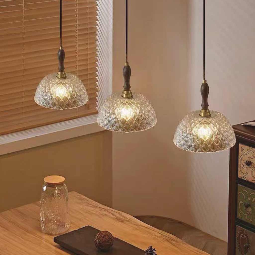 Suspension vintage en noyer avec bol en verre