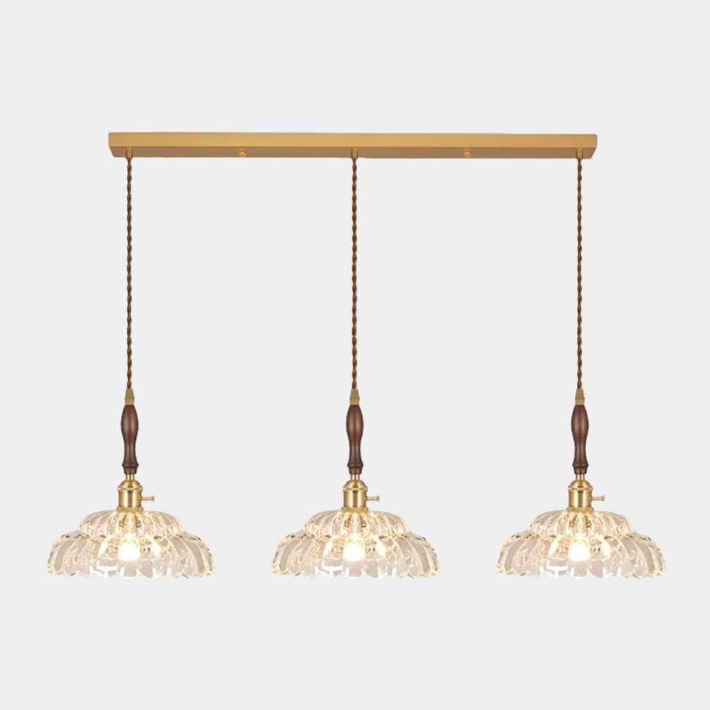 Suspension lumière bras fleur vintage en bois et verre français