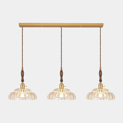 Suspension lumière bras fleur vintage en bois et verre français