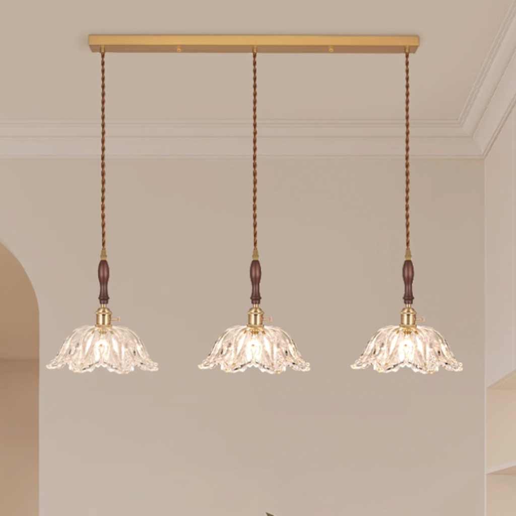 Suspension lumière bras fleur vintage en bois et verre français