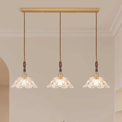 Suspension lumière bras fleur vintage en bois et verre français