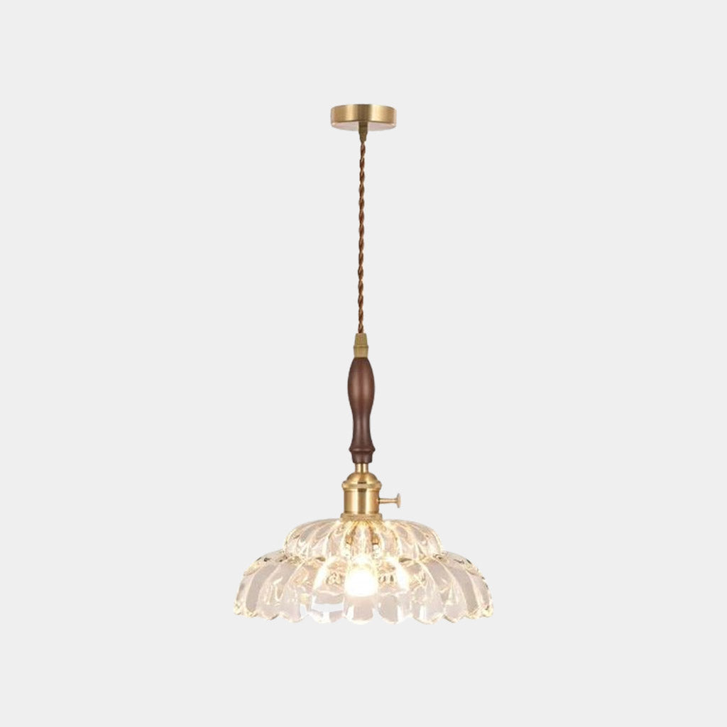 Suspension lumière bras fleur vintage en bois et verre français