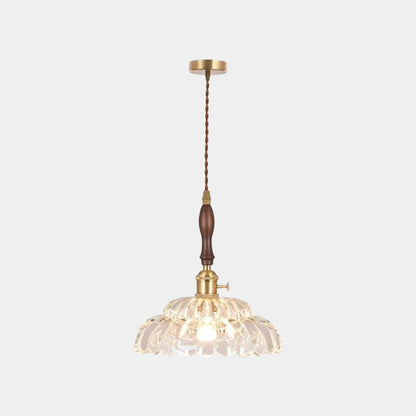 Suspension lumière bras fleur vintage en bois et verre français