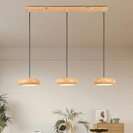 Suspension Minimaliste Disque LED Dimmable, Finition Bois