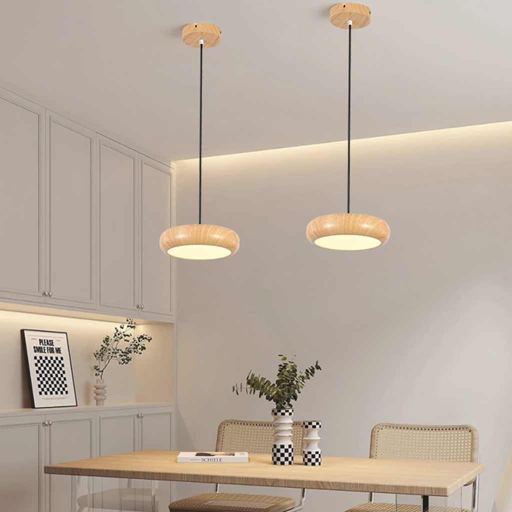 Suspension Minimaliste Disque LED Dimmable, Finition Bois