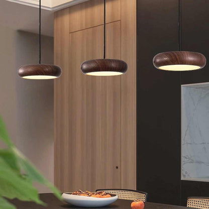Suspension Minimaliste Disque LED Dimmable, Finition Bois