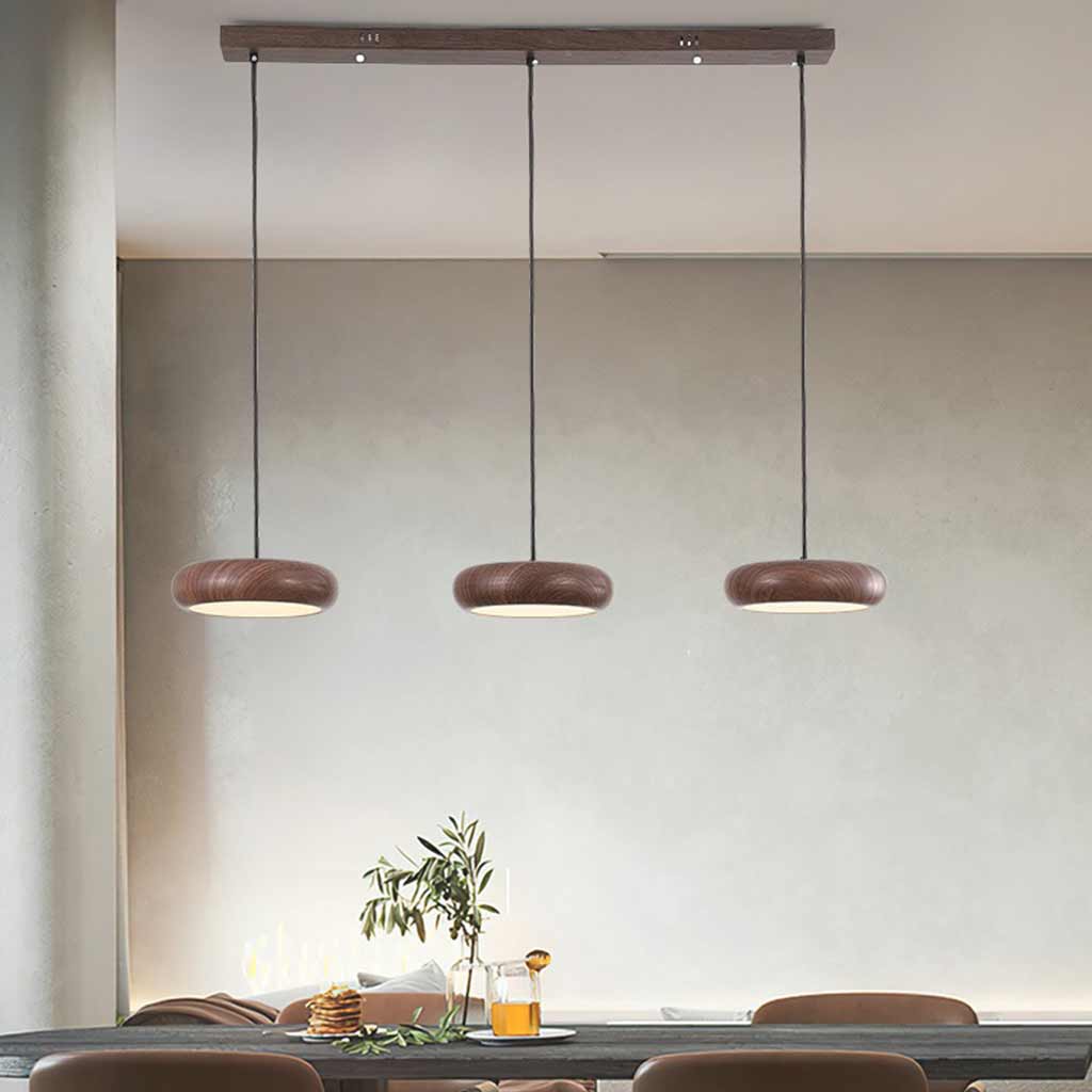 Suspension Minimaliste Disque LED Dimmable, Finition Bois
