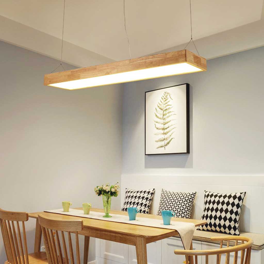 Suspension rectangulaire scandinave en bois LED dimmable, couleur bois