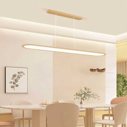 Suspension moderne rectangulaire arrondie linéaire LED dimmable, couleur bois