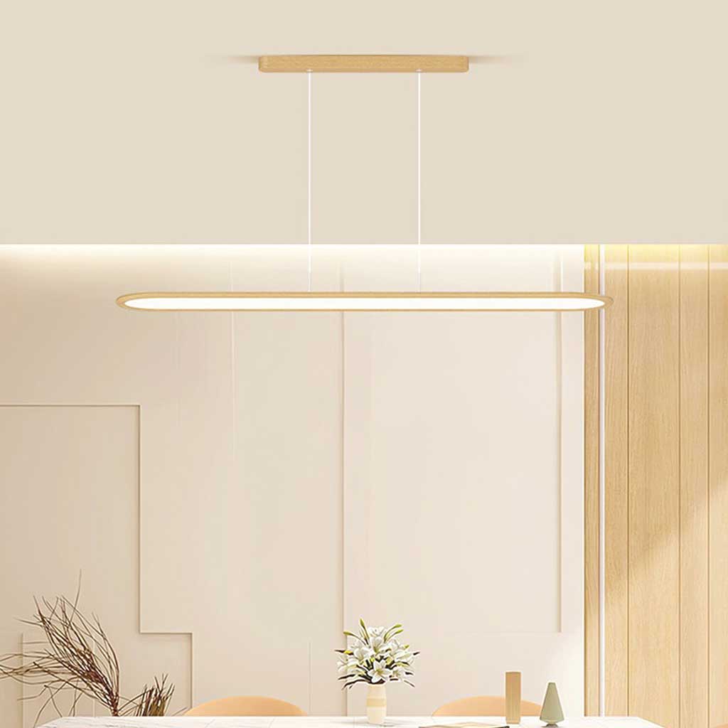 Suspension moderne rectangulaire arrondie linéaire LED dimmable, couleur bois