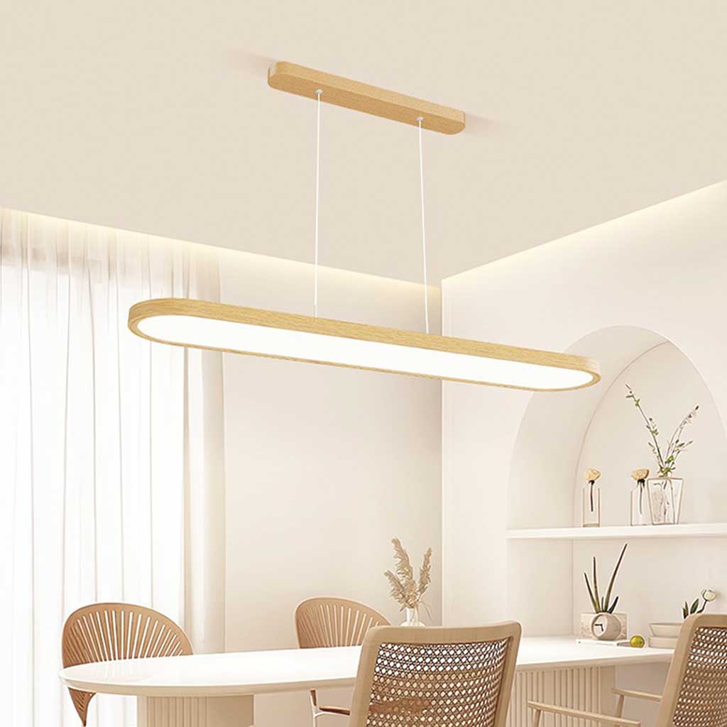 Suspension moderne rectangulaire arrondie linéaire LED dimmable, couleur bois