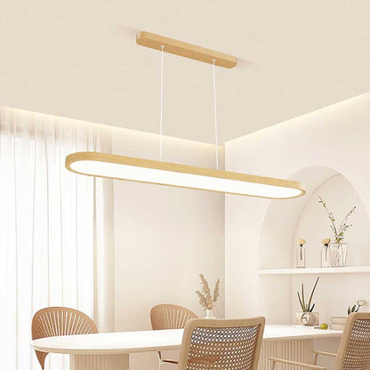 Suspension moderne rectangulaire arrondie linéaire LED dimmable, couleur bois