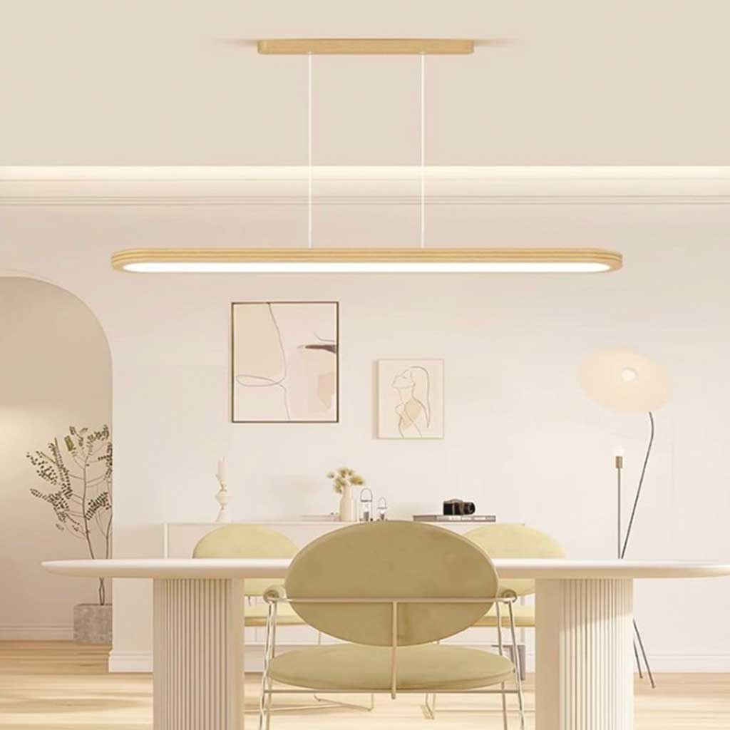 Suspension moderne rectangulaire arrondie linéaire LED dimmable, couleur bois
