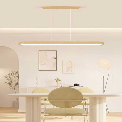 Suspension moderne rectangulaire arrondie linéaire LED dimmable, couleur bois