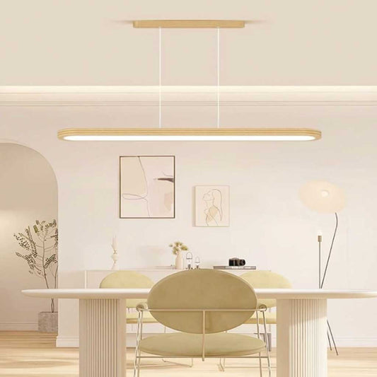Suspension moderne rectangulaire arrondie linéaire LED dimmable, couleur bois