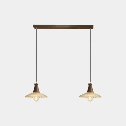 Suspension vintage japonaise en cuivre et bois avec abat-jour en verre