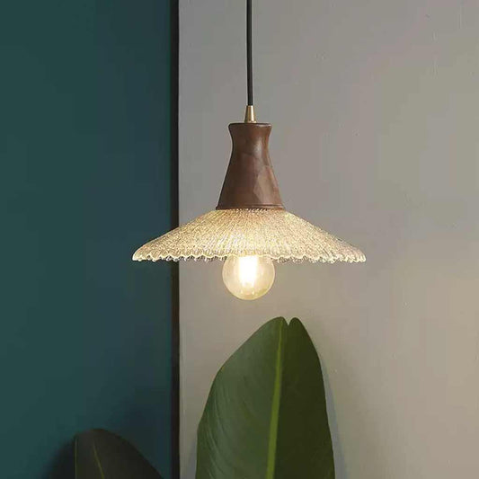 Suspension vintage japonaise en cuivre et bois avec abat-jour en verre