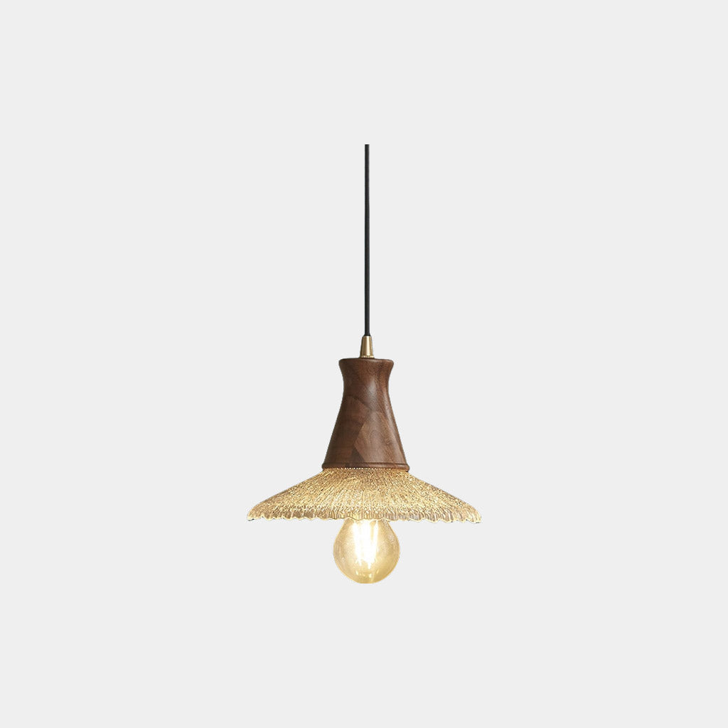 Suspension vintage japonaise en cuivre et bois avec abat-jour en verre