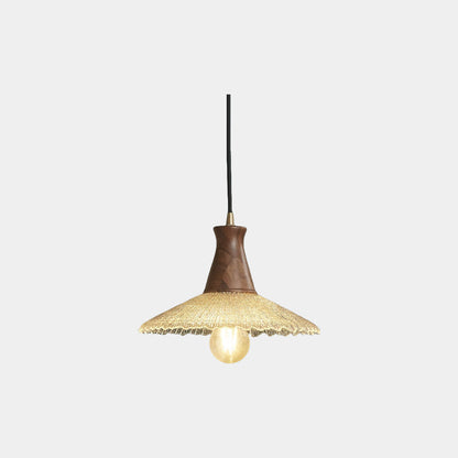 Suspension vintage japonaise en cuivre et bois avec abat-jour en verre