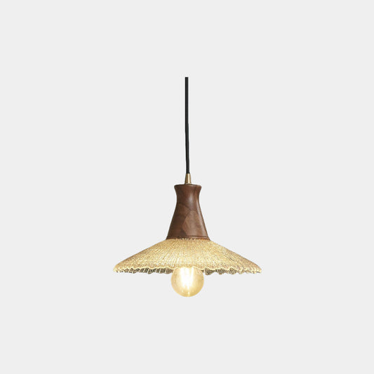 Suspension vintage japonaise en cuivre et bois avec abat-jour en verre