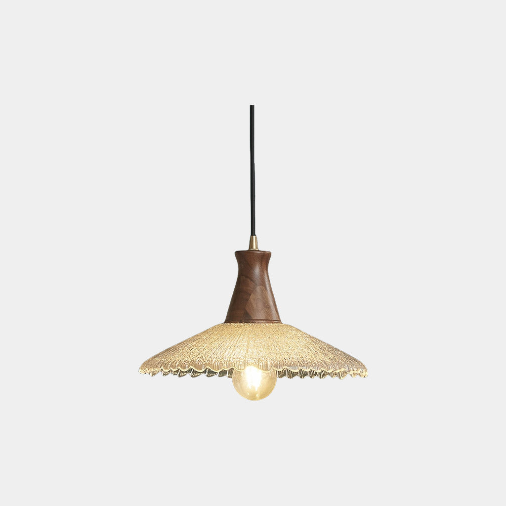 Suspension vintage japonaise en cuivre et bois avec abat-jour en verre