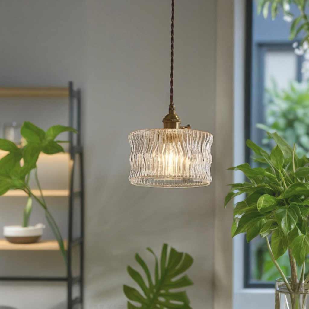 Suspension vintage petite en verre découpé cuivré