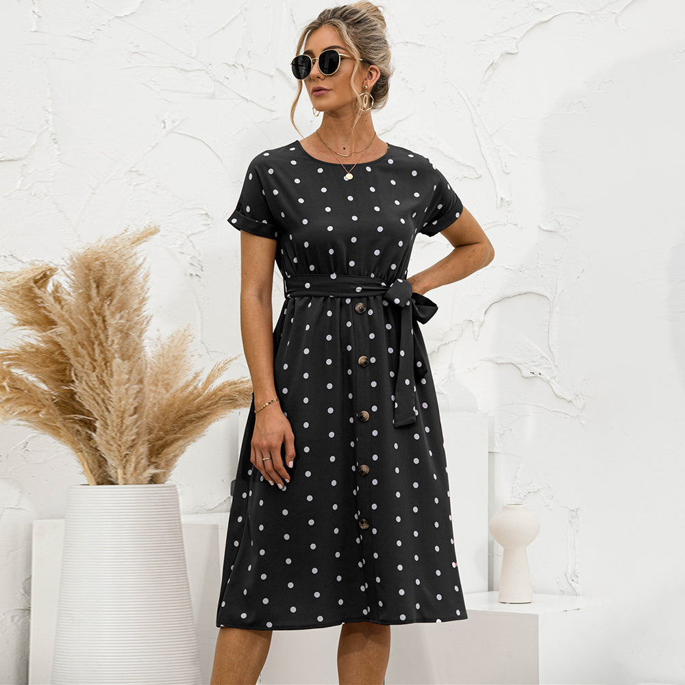 Robe à Pois Femme avec Col Rond | Midi